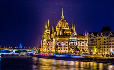 The illuminated building of the Hungarian Parliament, Budapest
